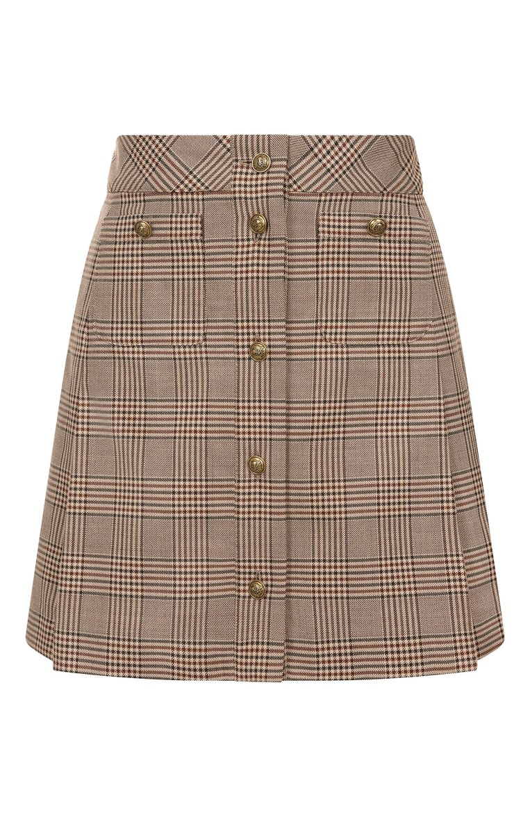 Женская юбка из хлопка и шерсти THE KOOPLES бежевого цвета, арт. FJUP30030K | Фото 1 (Материал внешний: Шерсть, Хлопок; Длина Ж (юбки, платья, шорты): Мини; Стили: Ретро; Автоматизация ТО: Проставлено; Автоматизация состава: Проставлено; Материал подклада: Синтетический материал)