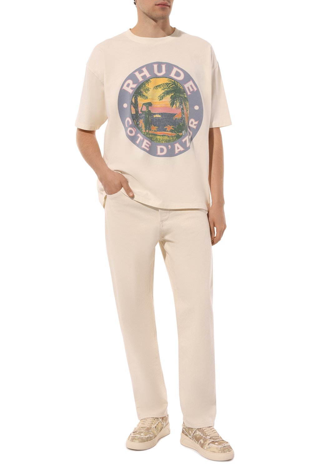 Хлопковая футболка RHUDE кремового цвета по цене 41750 руб., арт. RHPS24TT01012611, фото 2 Хлопковая футболка RHUDE, арт. RHPS24TT01012611, фото 2