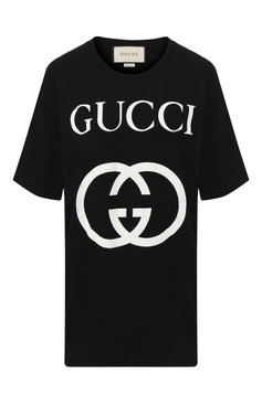 Женская хлопковая футболка с логотипом бренда GUCCI черного цвета, арт. 539081/X3Q35 | Фото 1 (Материал внешний: Хлопок; Рукава: Короткие; Стили: Кэжуэл, Гламурный; Длина (для топов): Удлиненные; Принт: С принтом; Женское Кросс-КТ: Футболка-одежда; Драгоценные камни: Проставлено; Материал внутренний: Не назначено; Материал сплава: Проставлено)