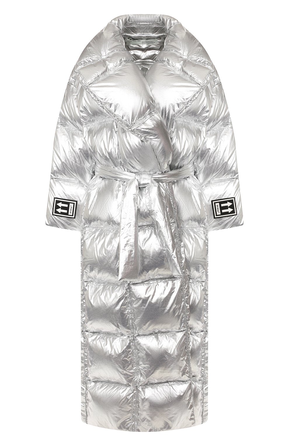 Пуховик с поясом OFF-WHITE серебряного цвета по цене 428500 руб., арт. 0WEA191F19F760509100, фото 1 Пуховик с поясом OFF-WHITE, арт. 0WEA191F19F760509100, фото 1