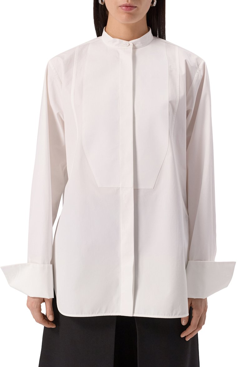 Женская хлопковая рубашка JIL SANDER белого цвета, арт. J01DL0145-J45002 | Фото 3 (Длина (для топов): Удлиненные; Драгоценные камни: Проставлено; Материал сплава: Проставлено; Рукава: Длинные; Женское Кросс-КТ: Рубашка-одежда; Стили: Минимализм; Принт: Без принта; Материал внешний: Хлопок)