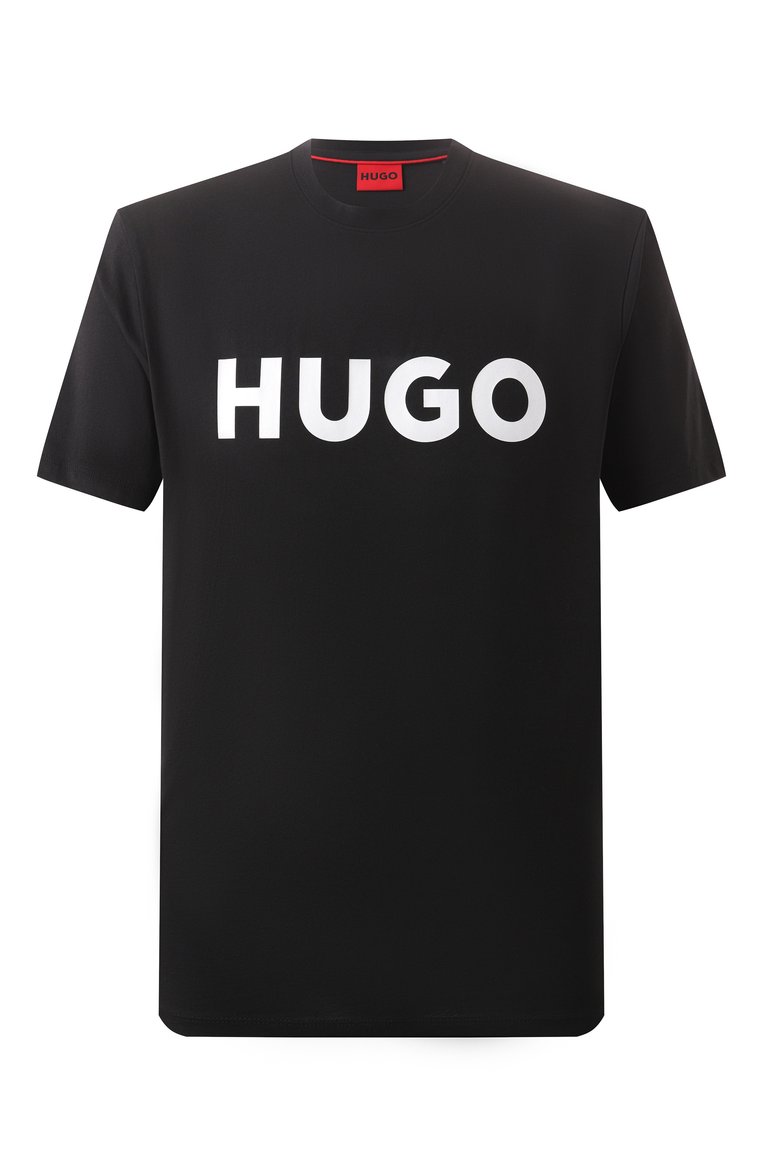 Мужская хлопковая футболка HUGO черного цвета, арт. 50467556 | Фото 1 (Рукава: Короткие; Материал внешний: Хлопок; Принт: С принтом; Стили: Кэжуэл; Длина (для топов): Стандартные; Кросс-КТ: Джерси; Мужское Кросс-КТ: Футболка-одежда; Автоматизация ТО: Проставлено; Автоматизация состава: Проставлено; Детали: Без декора)