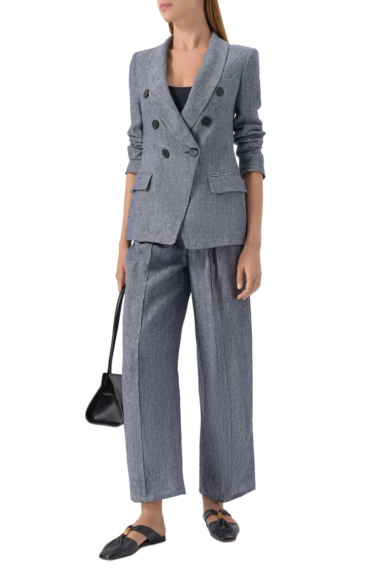 Женский льняной жакет EMPORIO ARMANI синего цвета, арт. EW001558/TE10381 | Фото 2 (Длина (для топов): Стандартные; Рукава: Длинные; Материал внешний: Лен; Женское Кросс-КТ: Жакет-одежда; Кросс-КТ: костюм; 1-2-бортные: Двубортные; Стили: Классический)