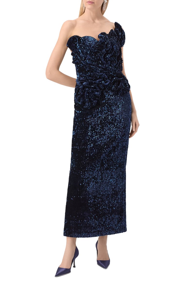 Женское платье с отделкой пайетками SPERANZA COUTURE темно-синего цвета, арт. SC069 | Фото 3 (Материал внешний: Вискоза; Материал подклада: Шелк; Длина Ж (юбки, платья, шорты): Макси; Случай: Вечерний; Женское Кросс-КТ: Платье-одежда, платье-футляр; Стили: Гламурный; Рукава: На бретелях)