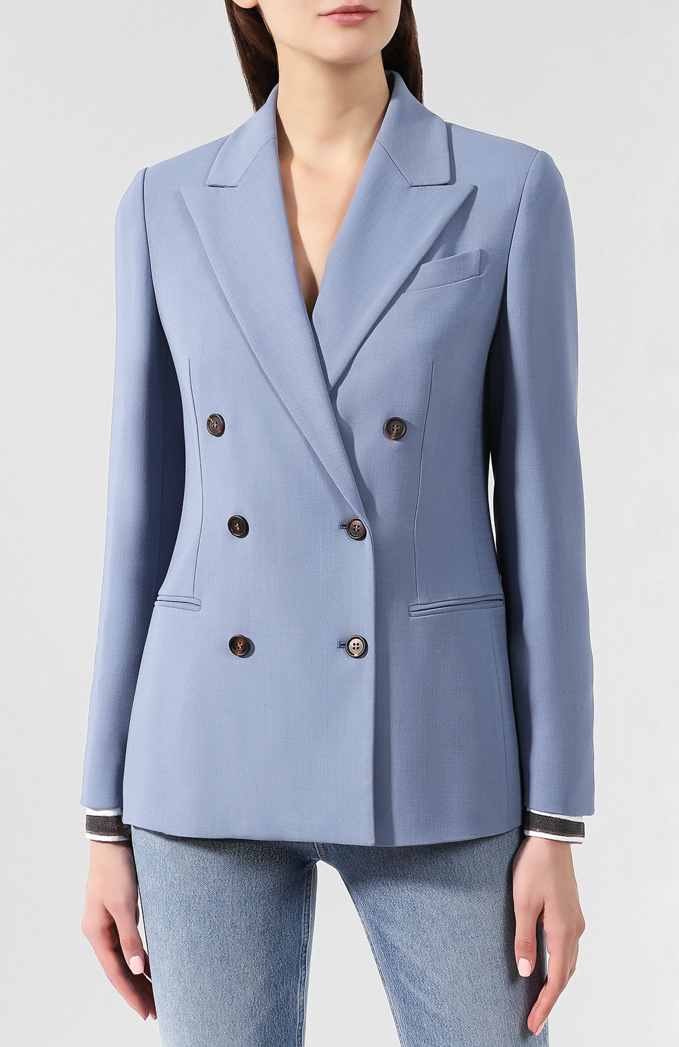 Двубортный жакет BRUNELLO CUCINELLI голубого цвета по цене 528000 руб., арт. MB5218736P, фото 3 Двубортный жакет BRUNELLO CUCINELLI, арт. MB5218736P, фото 3