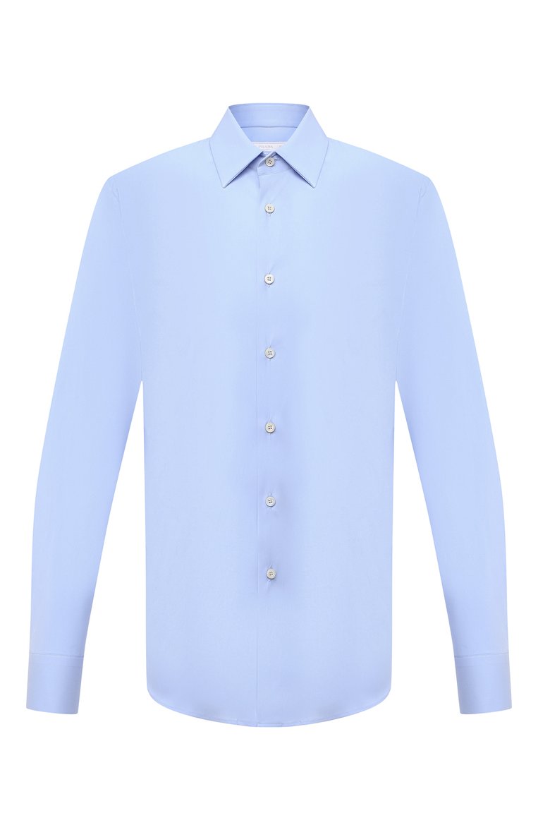 Мужская хлопковая сорочка PRADA голубого цвета, арт. UCM608-F62-F0012 | Фото 1 (Материал внешний: Хлопок; Длина (для топов): Стандартные; Рукава: Длинные; Случай: Формальный; Стили: Классический; Воротник: Кент; Принт: Однотонные; Манжеты: На пуговицах; Автоматизация ТО: Проставлено; Автоматизация состава: Проставлено; Детали: Без декора)
