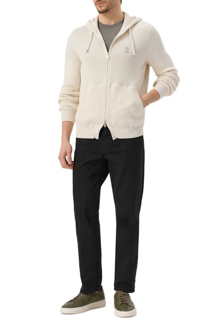 Мужской хлопковый кардиган BRUNELLO CUCINELLI кремвого цвета, арт. M29200416G | Фото 2 (Рукава: Длинные; Материал сплава: Проставлено; Длина (для топов): Стандартные; Материал внешний: Хлопок; Драгоценные камни: Проставлено)