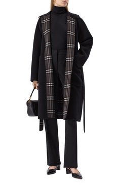 Женское двустороннее пальто BURBERRY черного цвета, арт. 8093827 | Фото 2 (Материал сплава: Проставлено; Рукава: Длинные; Длина (верхняя одежда): До колена; Драгоценные камни: Проставлено; Материал внешний: Шерсть; 1-2-бортные: Однобортные; Стили: Классический)
