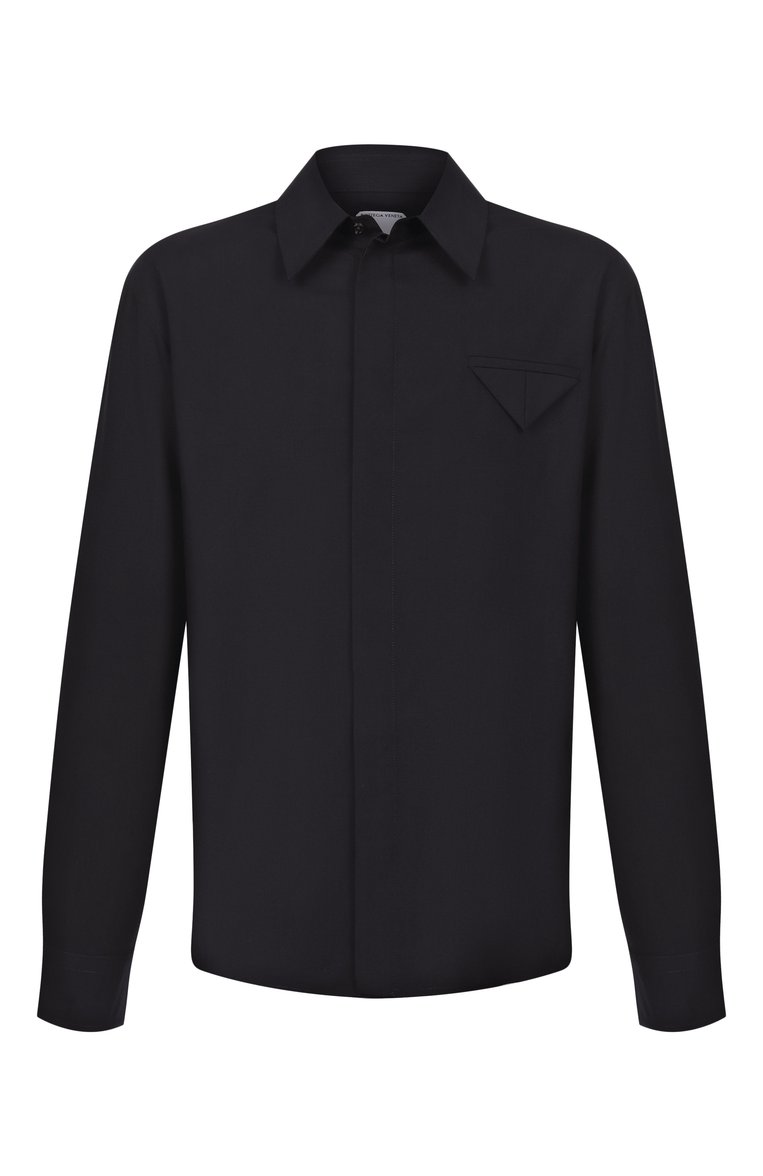 Мужская шерстяная рубашка BOTTEGA VENETA темно-синего цвета, арт. 703578/V4XP0 | Фото 1 (Длина (для топов): Стандартные; Материал внешний: Шерсть; Рукава: Длинные; Случай: Повседневный; Воротник: Кент; Принт: Однотонные; Манжеты: На пуговицах; Стили: Кэжуэл; Автоматизация состава: Проставлено; Автоматизация ТО: Проставлено; Детали: Без декора)