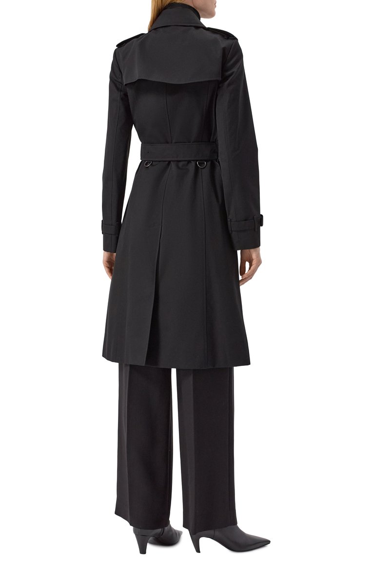 Женский хлопковый тренч BURBERRY черного цвета, арт. 8059272 | Фото 4 (Длина (верхняя одежда): До колена; Материал внешний: Хлопок; Кросс-КТ: Куртка; Рукава: Длинные; Материал подклада: Хлопок; Стили: Классический; Автоматизация ТО: Проставлено; Автоматизация состава: Проставлено)