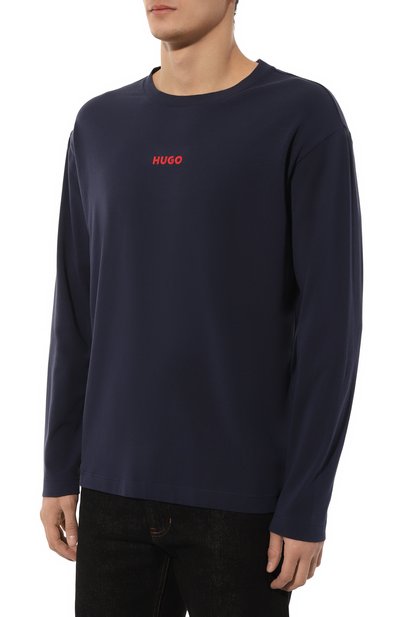 Хлопковый лонгслив HUGO темно-синего цвета по цене 6995 руб., арт. 50502399, фото 3 Хлопковый лонгслив HUGO, арт. 50502399, фото 3