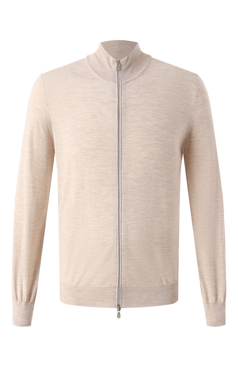Мужской кардиган из шерсти и кашемира BRUNELLO CUCINELLI бежевого цвета, арт. M2400B2006 | Фото 1 (Рукава: Длинные; Длина (для топов): Стандартные; Материал внешний: Шерсть; Мужское Кросс-КТ: Кардиган-одежда; Стили: Кэжуэл; Застежка: Молния)