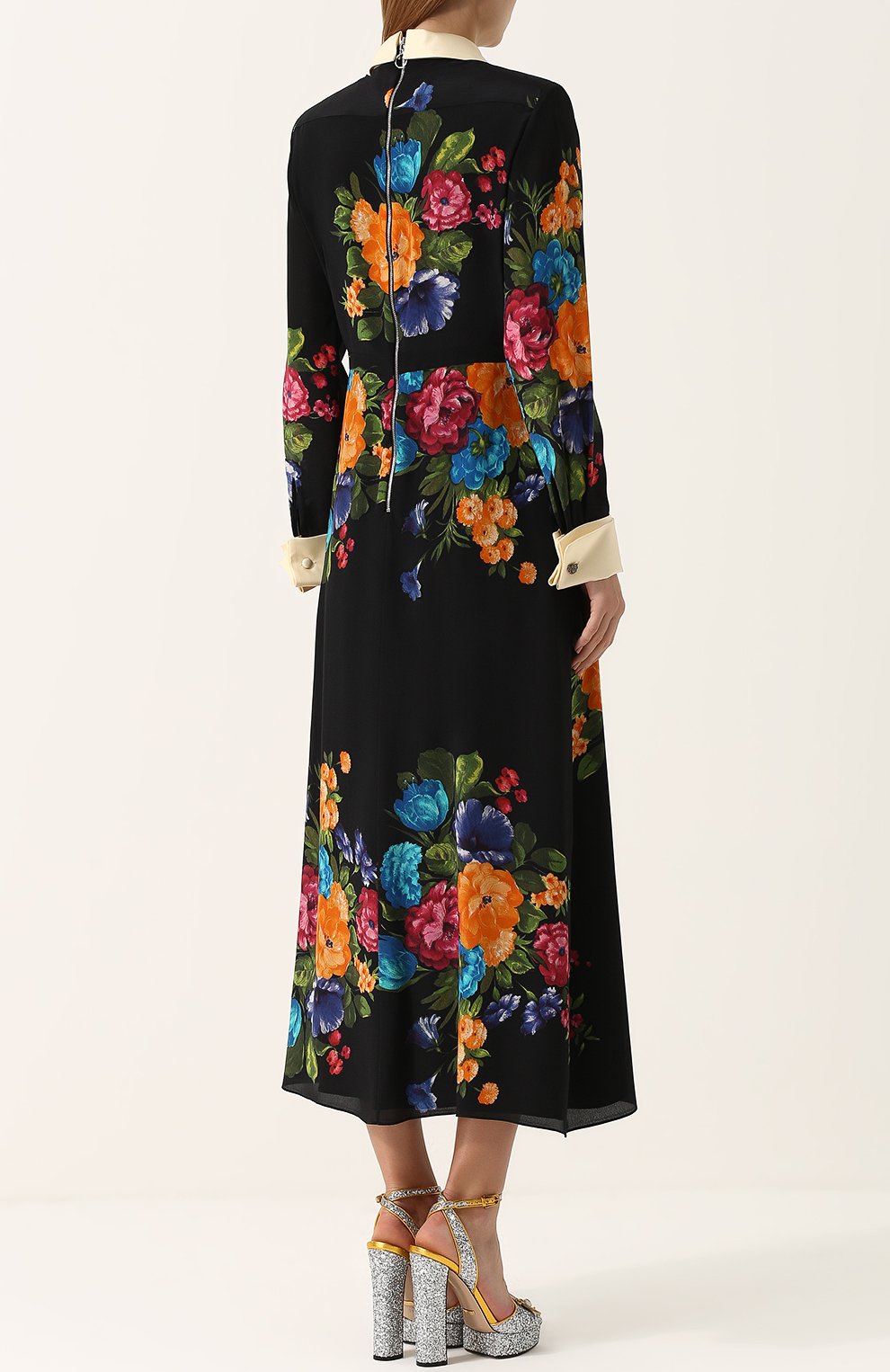 Шелковое приталенное платье-миди с цветочным принтом GUCCI, арт. 485291/ZJQ32, фото 4