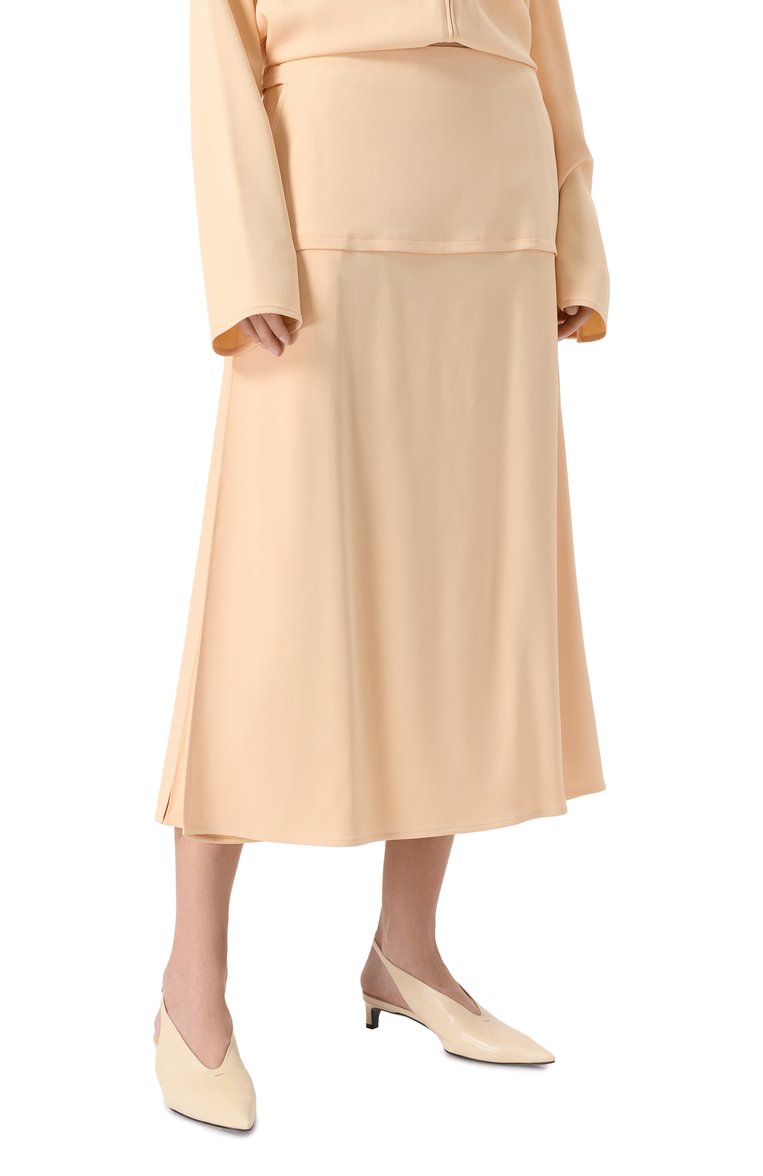 Женская юбка JIL SANDER бежевого цвета, арт. J02MA0254-J65285 | Фото 3 (Длина Ж (юбки, платья, шорты): Миди; Материал внешний: Вискоза, Синтетический материал; Кросс-КТ: костюм; Стили: Кэжуэл)