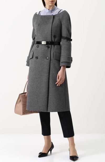Двубортное шерстяное пальто с поясом и вырезом-лодочка PRADA, арт. P622HK-1QLO-F0H16, фото 2