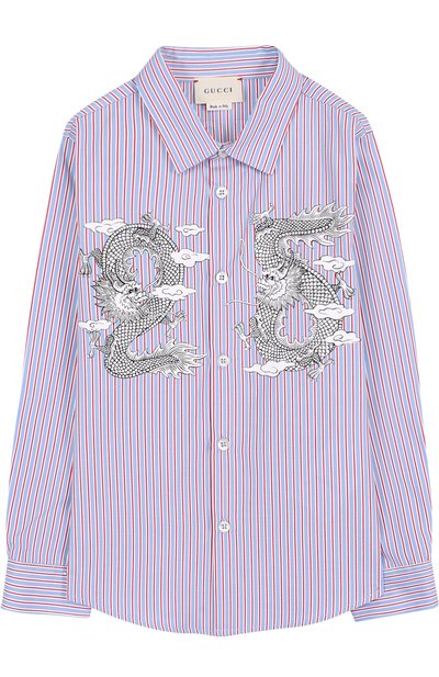 Хлопковая рубашка с принтом GUCCI синего цвета по цене 20600 руб., арт. 522750/XBE42, фото 1 Хлопковая рубашка с принтом GUCCI, арт. 522750/XBE42, фото 1