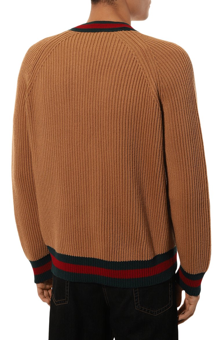 Мужской шерстяной кардиган GUCCI коричневого цвета, арт. 763351/XKDNE | Фото 4 (Рукава: Длинные; Длина (для топов): Стандартные; Материал внешний: Шерсть; Мужское Кросс-КТ: Кардиган-одежда; Стили: Кэжуэл; Застежка: Пуговицы; Автоматизация ТО: Проставлено; Автоматизация состава: Проставлено)