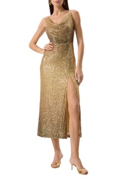 Женское платье с отделкой пайетками IN THE MOOD FOR LOVE золотого цвета, арт. RS2500100003 | Фото 2 (Длина Ж (юбки, платья, шорты): Миди; Драгоценные камни: Проставлено; Материал сплава: Проставлено; Женское Кросс-КТ: Платье-одежда; Случай: Вече�рний; Рукава: На бретелях; Стили: Гламурный; Материал внешний: Синтетический материал)