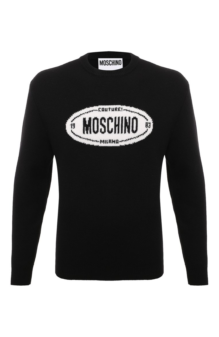 Мужской шерстяной свитер MOSCHINO черного цвета, арт. A0901/7000 | Фото 1 (Материал сплава: Проставлено; Материал внешний: Шерсть; Драгоценные камни: Проставлено; Рукава: Длинные; Длина (для топов): Стандартные; Стили: Кэжуэл; Мужское Кросс-КТ: Свитер-одежда; Принт: С принтом)