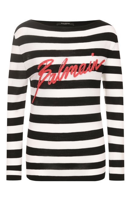 Женский шерстяной пуловер BALMAIN черно-белого цвета, арт. EF0KJ030/KI43 | Фото 1 (Драгоценные камни: Проставлено; Длина (для топов): Стандартные; Материал внешний: Шерсть; Рукава: Длинные; Материал сплава: Проставлено)