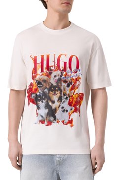 Мужская хлопковая футболка HUGO белого цвета, арт. 50538259 | Фото 3 (Длина (для топов): Удлиненные; Материал внешний: Хлопок; Рукава: Короткие; Принт: С принтом; Стили: Кэжуэл; Мужское Кросс-КТ: Футболка-одежда)