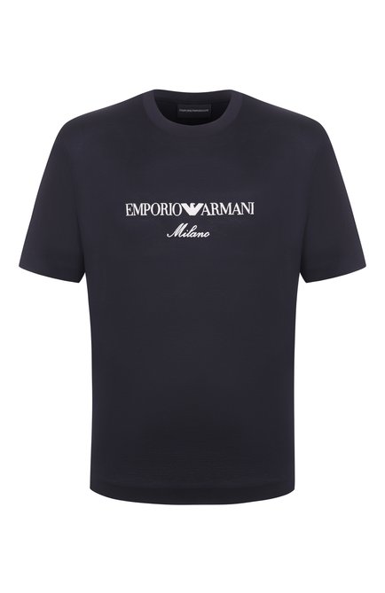 Мужская футболка EMPORIO ARMANI темно-синего цвета, арт. EM001033/AF10017 | Фото 1 (Материал внешний: Хлопок, Растительное волокно, Лиоцелл; Длина (для топов): Стандартные; Драгоценные камни: Проставлено; Материал сплава: Проставлено; Рукава: Короткие)