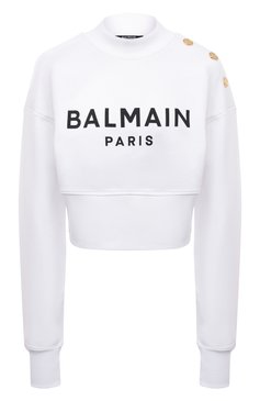 Женский хлопковый свитшот BALMAIN белого цвета, арт. AF0J0040BB02 | Фото 1 (Рукава: Длинные; Материал сплава: Проставлено; Материал внешний: Хлопок; Стили: Спорт-шик; Драгоценные камни: Проставлено; Длина (для топов): Укороченные; Женское Кросс-КТ: Свитшот-одежда)