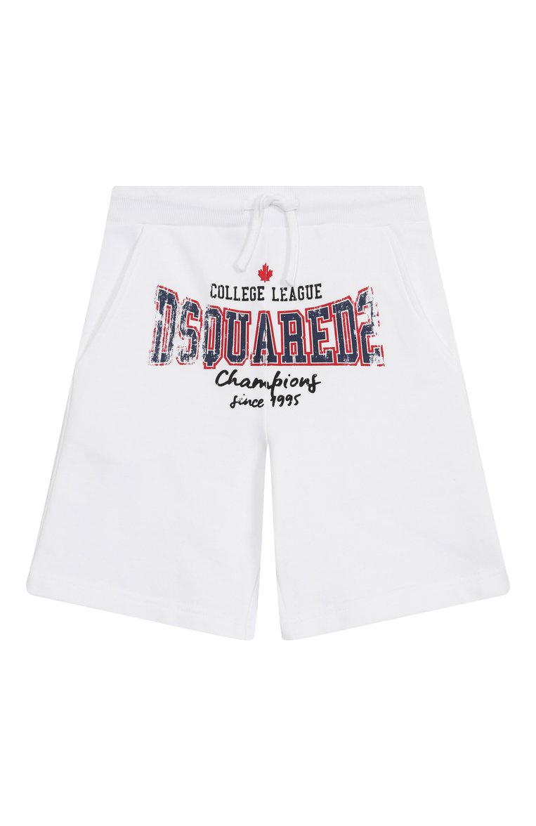 Детские хлопковые шорты DSQUARED2 белого цвета, арт. DQ2752/D0ACC | Фото 1 (Материал внешний: Хлопок; Нос: Не проставлено; Случай: Повседневный; Мальчики Кросс-КТ: Шорты-спорт; Автоматизация состава: Проставлено; Ростовка одежда: 6 лет | 116 см, 4 года | 104 см, 8 лет | 128 см, 16 лет | 164 см, 10 - 11 лет | 140 - 146см, 13 - 15 лет | 158 см)