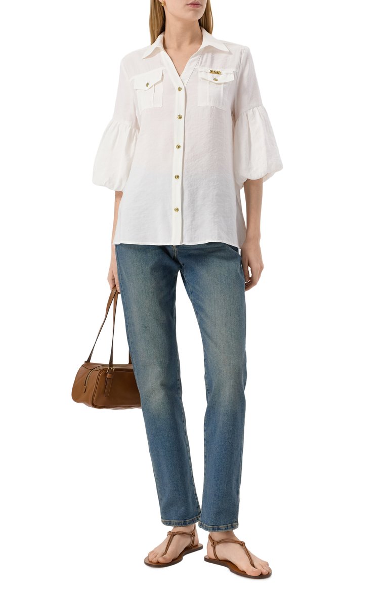 �Женская рубашка VERSACE JEANS COUTURE белого цвета, арт. 78HAL200/N0433 | Фото 2 (Автоматизация состава: Проставлено; Длина (для топов): Стандартные; Рукава: 3/4; Автоматизация ТО: Проставлено; Материал внешний: Синтетический материал; Принт: Без принта; Женское Кросс-КТ: Рубашка-одежда; Стили: Кэжуэл)