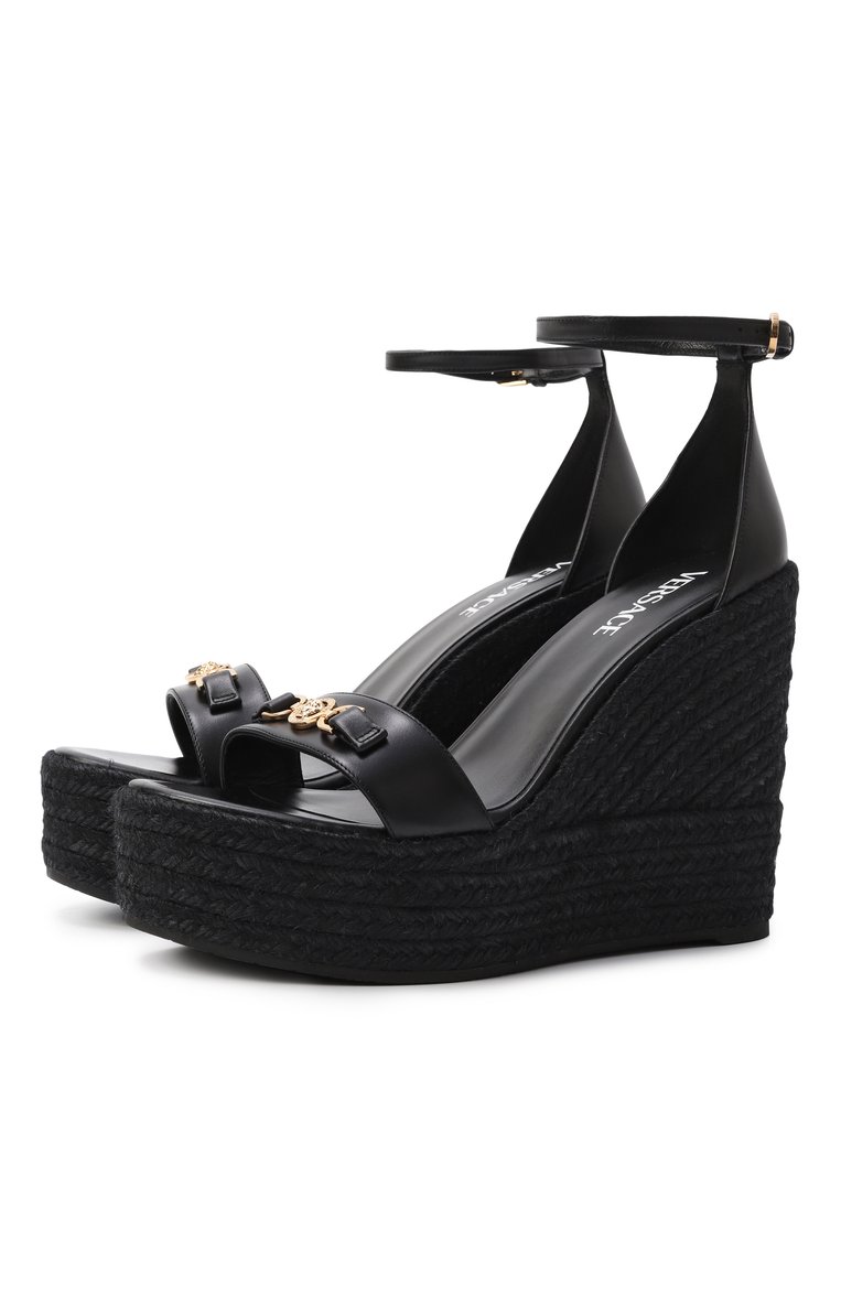 Женские кожаные босоножки barocco VERSACE черного цвета, арт. 1014100/DVT2P | Фото 1 (Подошва: Платформа; Материал внутренний: Натуральная кожа; Материал внешний: Натуральная кожа; Каблук тип: Танкетка; Автоматизация состава: Проставлено; Автоматизация ТО: Проставлено)