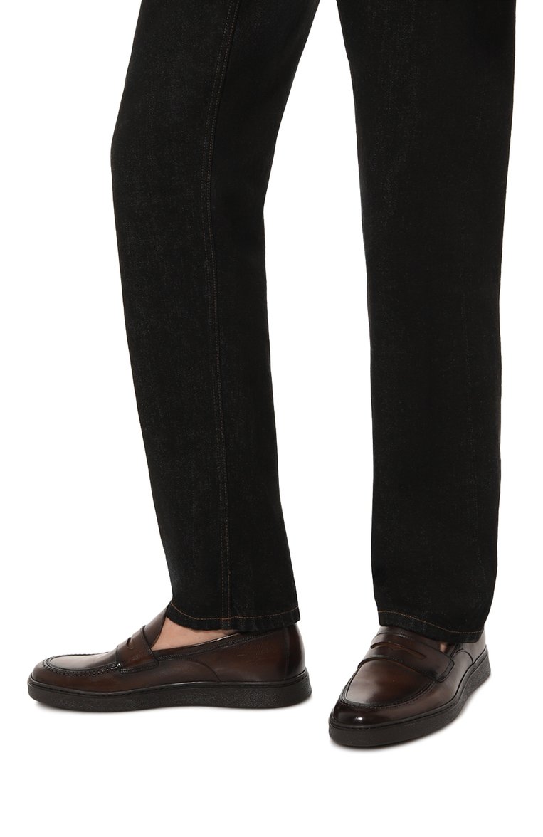 Мужские кожаные пенни-лоферы PANTANETTI темно-коричневого цвета, арт. 17421E | Фото 3 (Материал внутренний: Натуральная кожа; Материал сплава: Проставлено; Нос: Не проставлено; Стили: Кэжуэл)