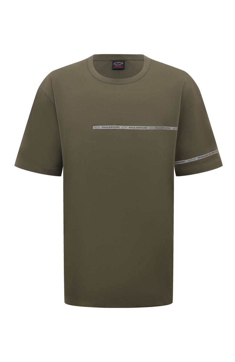 Мужская хлопковая �футболка PAUL&SHARK хаки цвета, арт. 23411033/3XL-6XL | Фото 1 (Материал внешний: Хлопок; Рукава: Короткие; Длина (для топов): Удлиненные; Принт: Без принта; Стили: Милитари; Мужское Кросс-КТ: Футболка-одежда; Кросс-КТ: Джерси; Автоматизация ТО: Проставлено; Автоматизация состава: Проставлено; Детали: Декор)