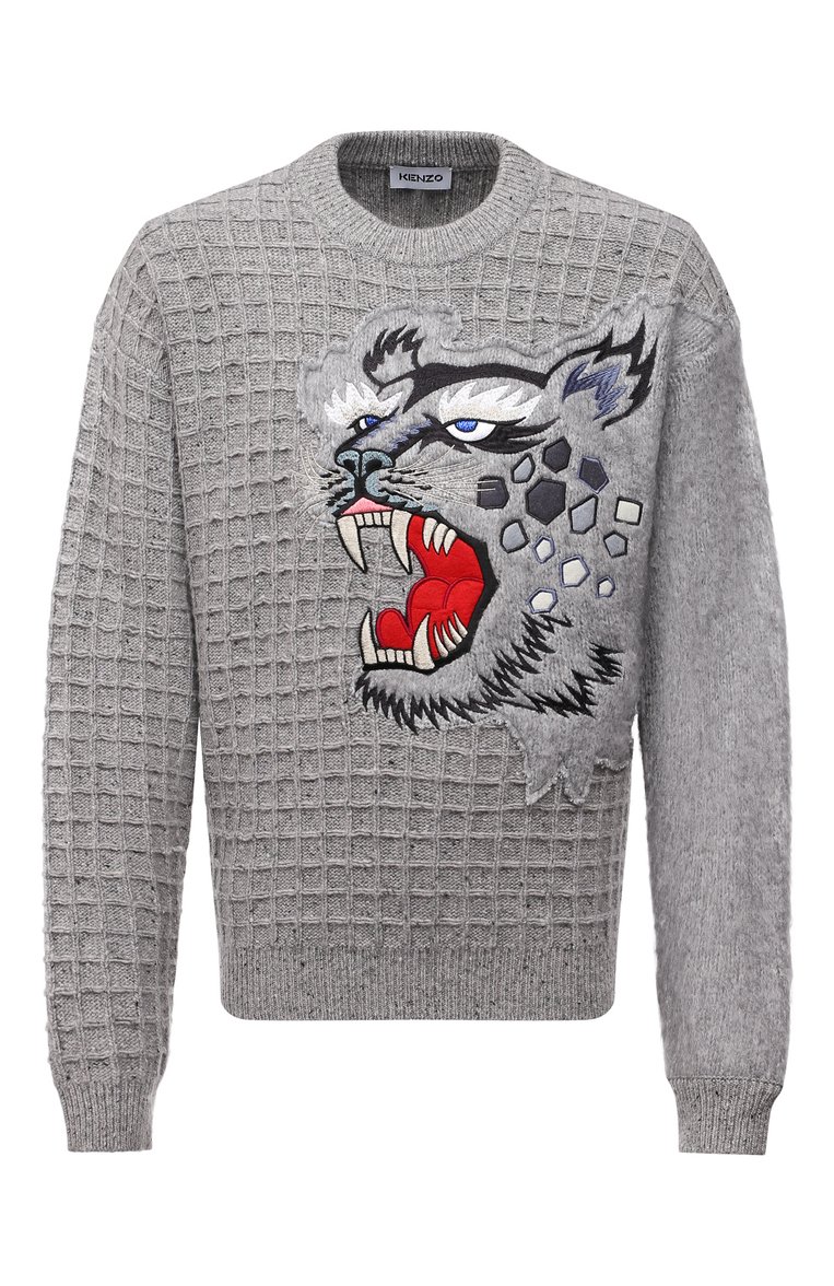 Мужской свитер kenzo x kansai yamamoto KENZO серого цвета, арт. FB55PU5423AE | Фото 1 (Материал внешний: Шерсть; Мужское Кросс-КТ: Свитер-одежда; Рукава: Длинные; Принт: С принтом; Длина (для топов): Стандартные; Стили: Гранж)