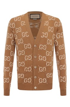 Мужской шерстяной кардиган GUCCI коричневого цвета, арт. 694758/XKCC5 | Фото 1 (Длина (для топов): Стандартные; Материал сплава: Проставлено; Рукава: Длинные; Материал внешний: Шерсть; Драгоценные камни: Проставлено; Мужское Кросс-КТ: Кардиган-одежда; Стили: Кэжуэл)