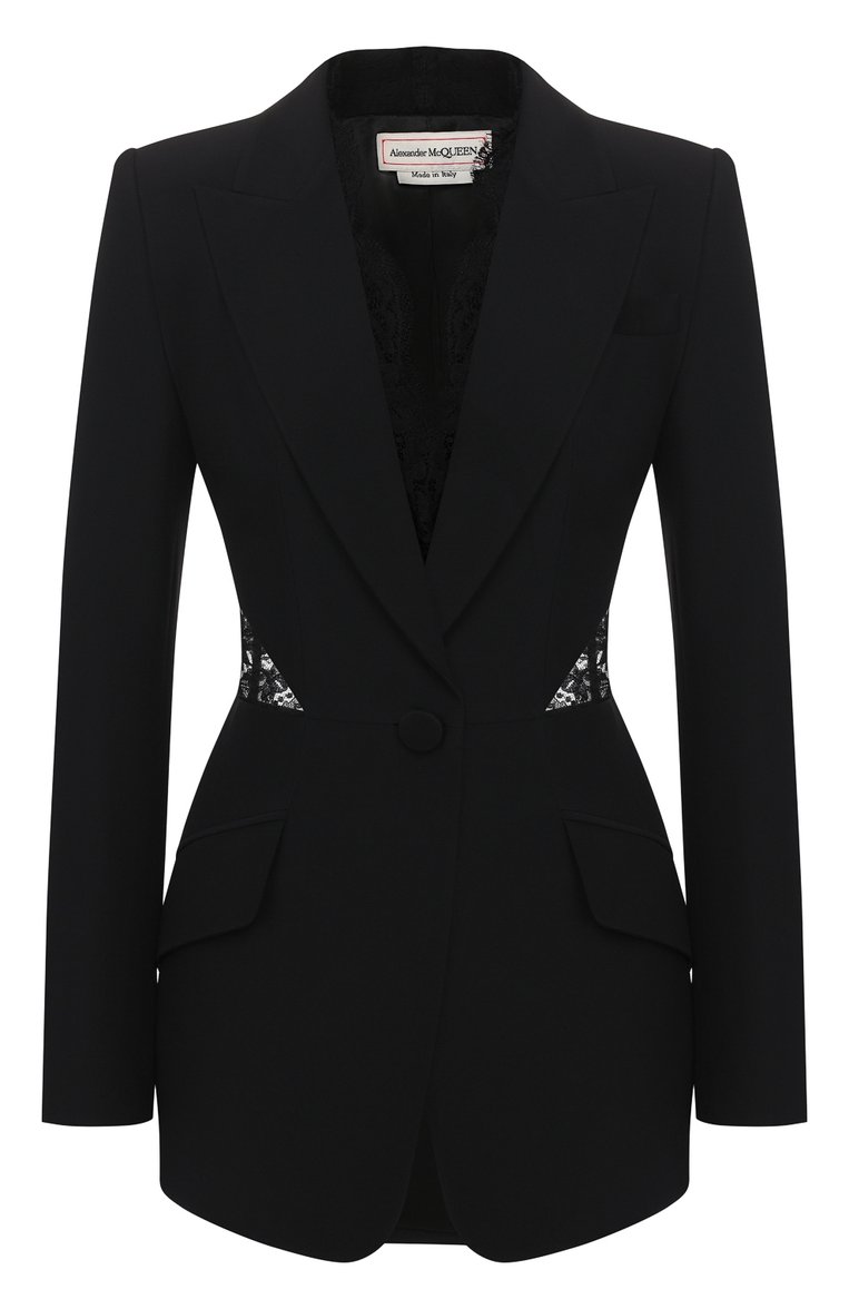 Женский жакет ALEXANDER MCQUEEN черного цвета, арт. 607334/QEAAA | Фото 1 (Рукава: Длинные; Материал внешний: Вискоза, Синтетический материал; Материал подклада: Купро; Длина (для топов): Удлиненные; Случай: Вечерний; 1-2-бортные: Однобортные; Женское Кросс-КТ: Жаке�т-одежда; Региональные ограничения белый список (Axapta Mercury): RU)