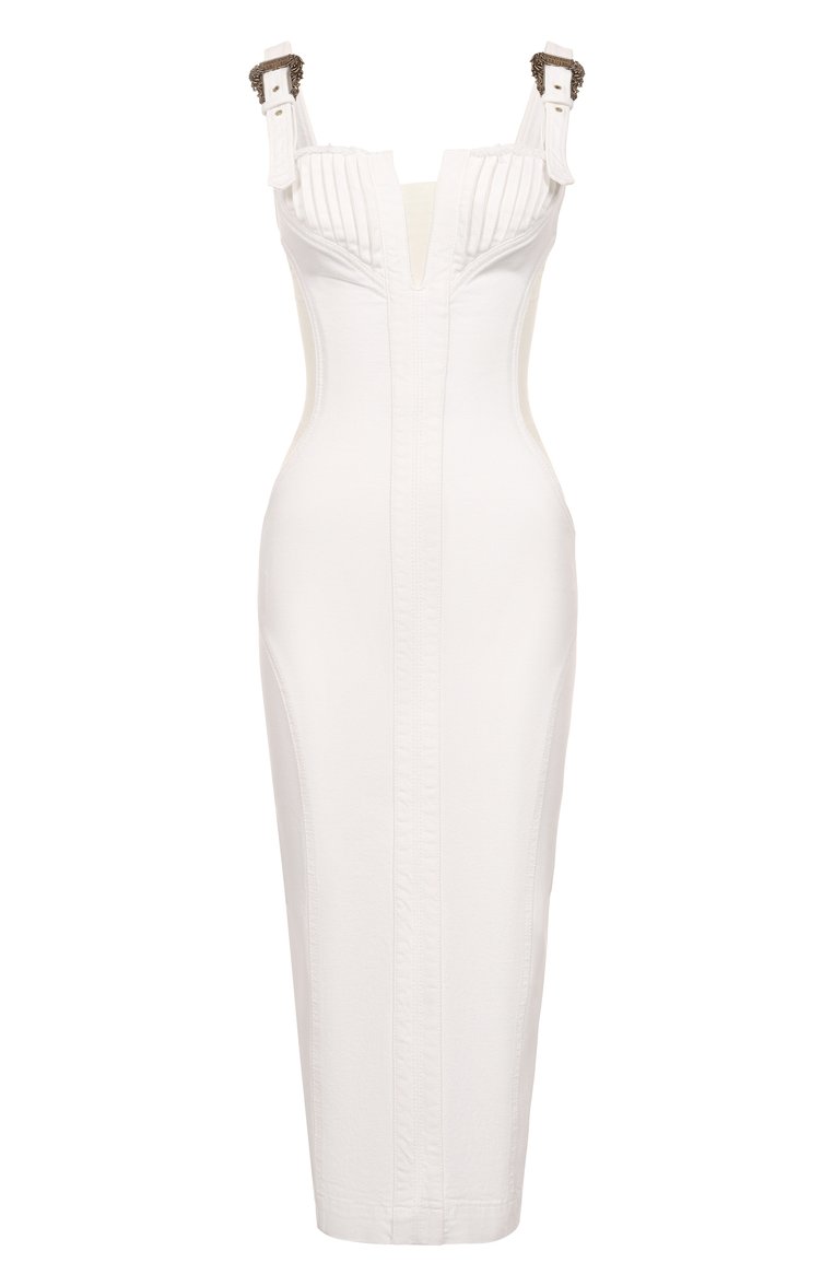 Женское джинсовое платье VERSACE JEANS COUTURE белого цвета, арт. 78HA0951/EW015TC2 | Фото 1 (Автоматизация состава: Проставлено; Материал внешний: Хлопок, Деним; Длина Ж (юбки, платья, шорты): Миди; Автоматизация ТО: Проставлено; Женское Кросс-КТ: Платье-одежда, платье-футляр; Случай: Коктейльный; Кросс-КТ: Деним; Рукава: На бретелях; Стили: Гламурный)