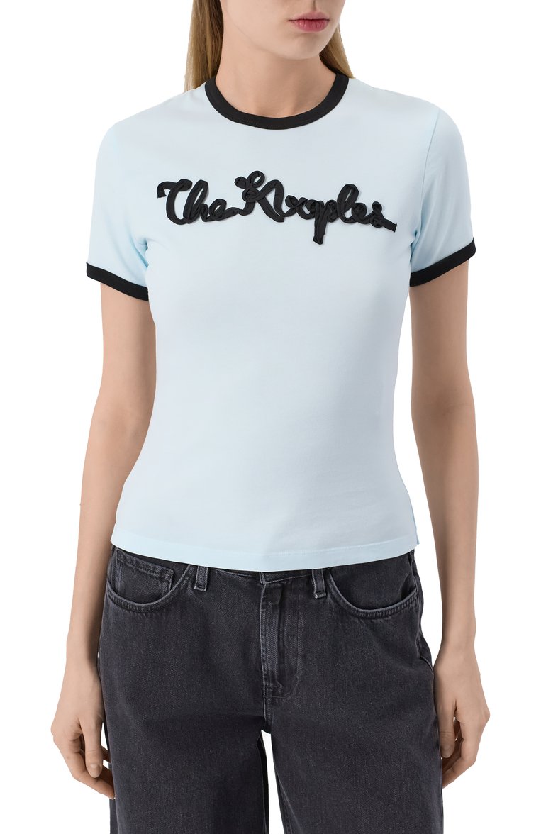Женская хлопковая футболка THE KOOPLES голубого цвета, арт. FTSC30012K | Фото 3 (Рукава: Короткие; Автоматизация ТО: Проставлено; Материал внешний: Хлопок; Длина (для топов): Стандартные; Автоматизация состава: Проставлено; Детали: Декор; Принт: Без принта; Стили: Кэжуэл; Женское Кросс-КТ: Футболка-одежда)
