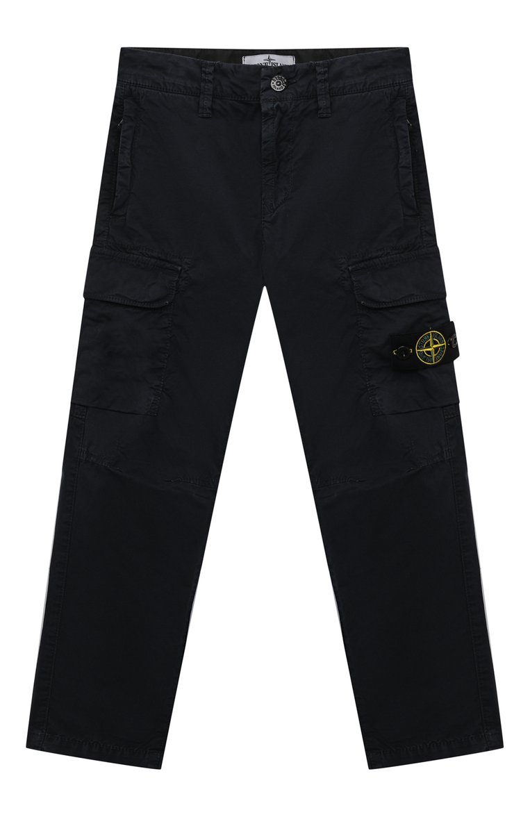 Детские хлопковые брюки-карго STONE ISLAND темно-синего цвета, арт. 801630410/3-4 | Фото 1 (Нос: Не проставлено; Материал сплава: Проставлено; Материал внешний: Хлопок; Случай: Повседневный; Ростовка одежда: 3 года | 98 см, 4 года | 104 см)