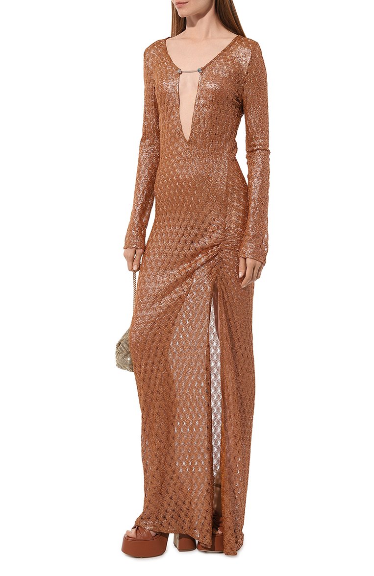 Женское платье из вискозы MISSONI бронзового цвета, арт. MS24SQ01/BR00TC | Фото 2 (Длина Ж (юбки, платья, шорты): Макси; Материал внешний: Вискоза; Случай: Повседневный; Женское Кросс-КТ: Платье-пляжная одежда, Платье-одежда; Стили: Кэжуэл; Рукава: Длинные)