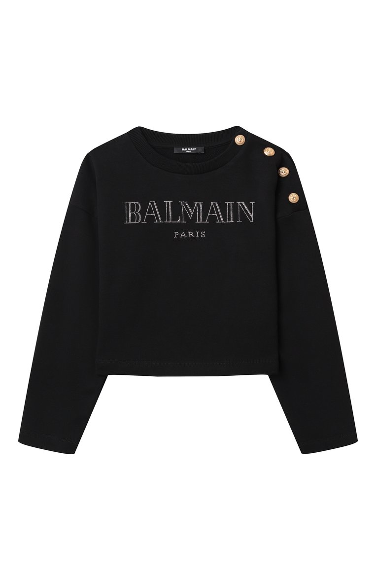Детский хлопковый свитшот BALMAIN черного цвета, арт. BW4B00 | Фото 1 (Материал сплава: Проставлено; Рукава: Длинные; Драгоценные камни: Проставлено; Девочки Кросс-КТ: Свитшот-одежда; Материал внешний: Хлопок; Ростовка одежда: 8 лет | 128 см, 12 лет | 152 см, 10 - 11 лет | 140 - 146см, 16 лет | 164 см, 13 - 15 лет | 158 см)