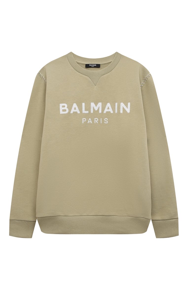 Детский хлопковый свитшот BALMAIN хаки цвета, арт. BT4P70 | Фото 1 (Рукава: Длинные; Материал сплава: Проставлено; Материал внешний: Хлопок; Драгоценные камни: Проставлено; Мальчики Кросс-КТ: Свитшот-одежда; Ростовка одежда: 10 - 11 лет | 140 - 146см, 12 лет | 152 см, 13 - 15 лет | 158 см, 6 лет | 116 см, 8 лет | 128 см)