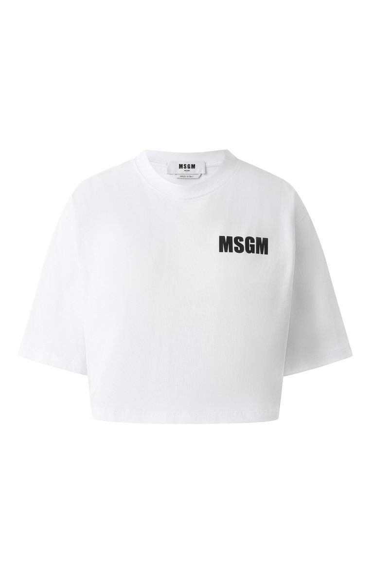 Женская хлопковая футболка MSGM белого цвета, арт. 3841MDM94/257002 | Фото 1 (Длина (для топов): Укороченные; Рукава: Короткие; Драгоценные камни: Проставлено; Материал сплава: Проставлено; Стили: Кэжуэл; Принт: С принтом; Материал внешний: Хлопок)