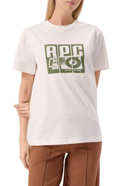 Женская хлопковая футболка A.P.C. белого цвета, арт. C0BQX-M26485 | Фото 3 (Длина (для топов): Стандартные; Материал сплава: Проставлено; Рукава: Короткие; Драгоценные камни: Проставлено; Принт: С принтом; Стили: Кэжуэл; Материал внешний: Хлопок)