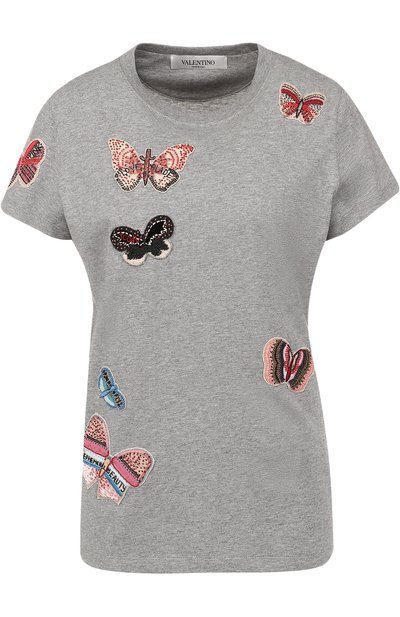 Футболка прямого кроя с отделкой в виде бабочек VALENTINO серого цвета по цене 151500 руб., арт. PB3MG06U/3P7, фото 1 Футболка прямого кроя с отделкой в виде бабочек VALENTINO, арт. PB3MG06U/3P7, фото 1