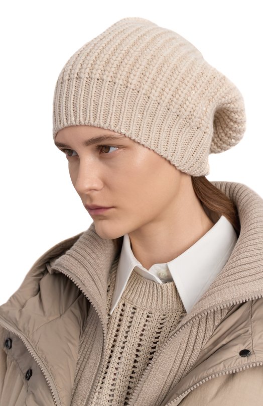 Шапка из кашемира и шелка Brunello Cucinelli M32373999 Бежевый  M32373999 Фото 2