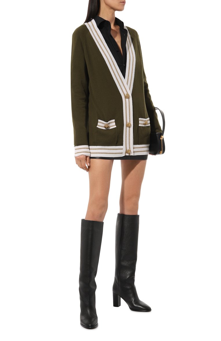 Женский кардиган из шерсти и кашемира BALMAIN хаки цвета, арт. AF1K0000KD97 | Фото 2 (Рукава: Длинные; Длина (для топов): Удлиненные; Материал внешний: Шерсть; Стили: Кэжуэл; Женское Кросс-КТ: кардиган-трикотаж; Застежка: Пуговицы)