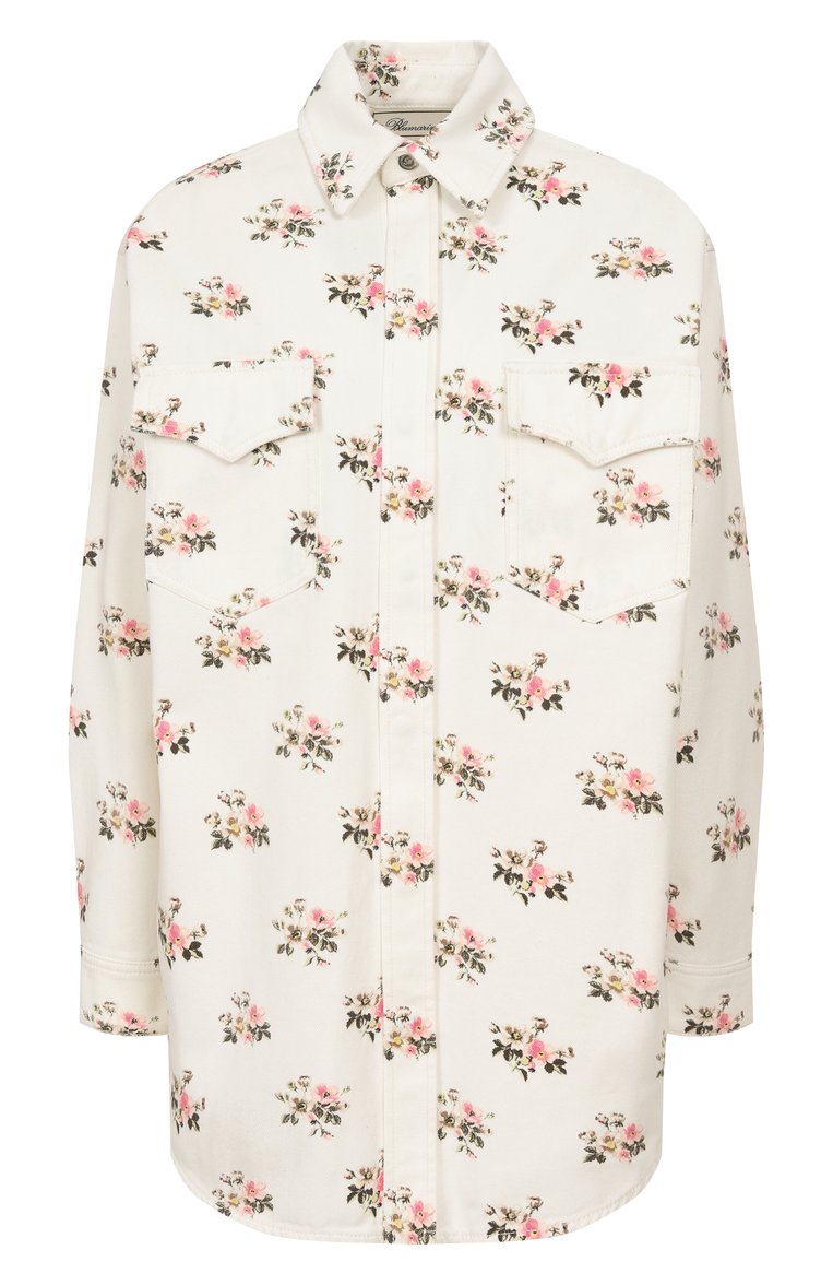 Женская джинсовая рубашка BLUMARINE кремового цвета, арт. P522J189W | Фото 1 (Рукава: Длинные; Материал внешний: Хлопок, Деним; Длина (для топов): Удлиненные; Принт: С принтом; Кросс-КТ: Деним, костюм; Женское Кросс-КТ: Рубашка-одежда; Стили: Романтичный)