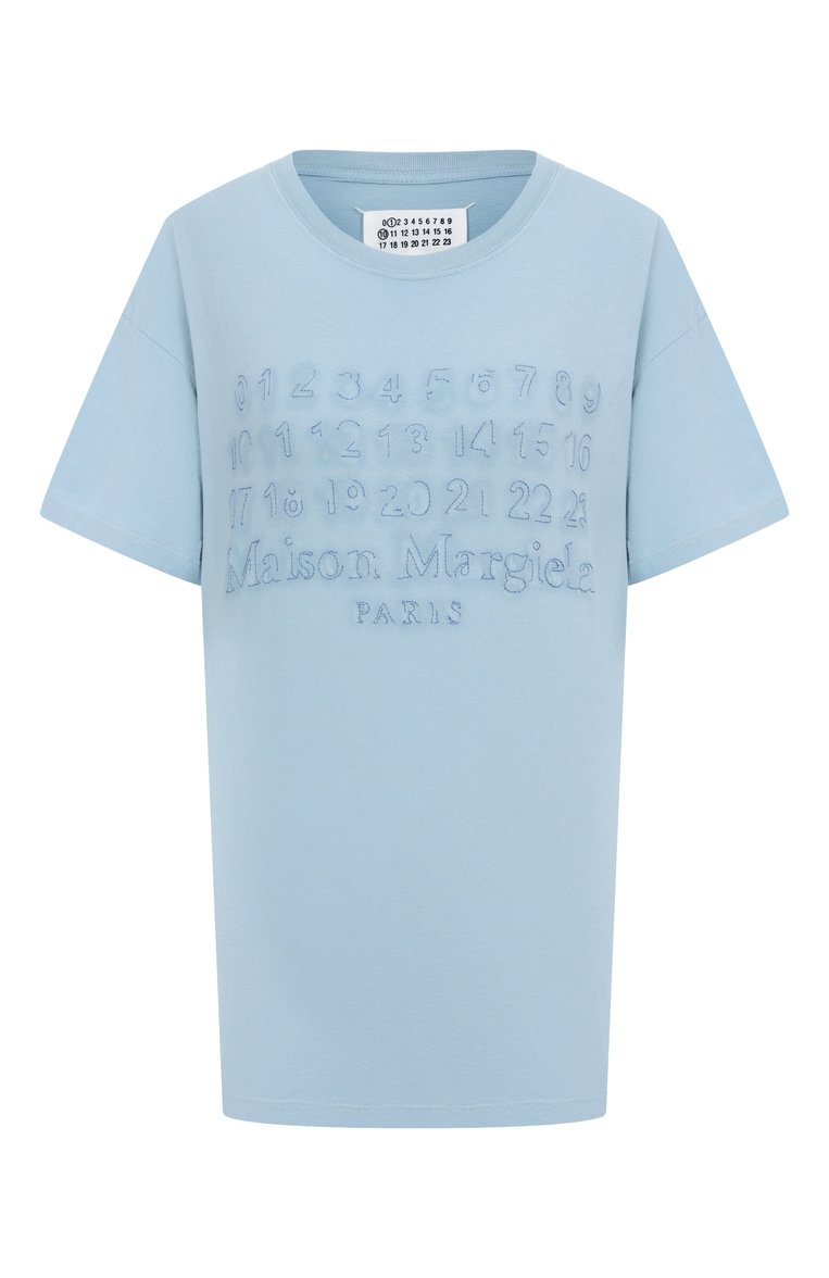 Женская хлопковая футболка MAISON MARGIELA голубого цвета, арт. S51GC0536/S24575 | Фото 1 (Автоматизация состава: Проставлено; Материал внешний: Хлопок; Длина (для топов): Стандартные; Рукава: Короткие; Автоматизация ТО: Проставлено; Детали: Декор; Принт: Без принта; Стили: Минимализм)