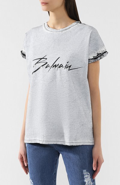 Футболка из смеси вискозы и льна BALMAIN серого цвета по цене 106500 руб., арт. RF11055/J062, фото 3 Футболка из смеси вискозы и льна BALMAIN, арт. RF11055/J062, фото 3