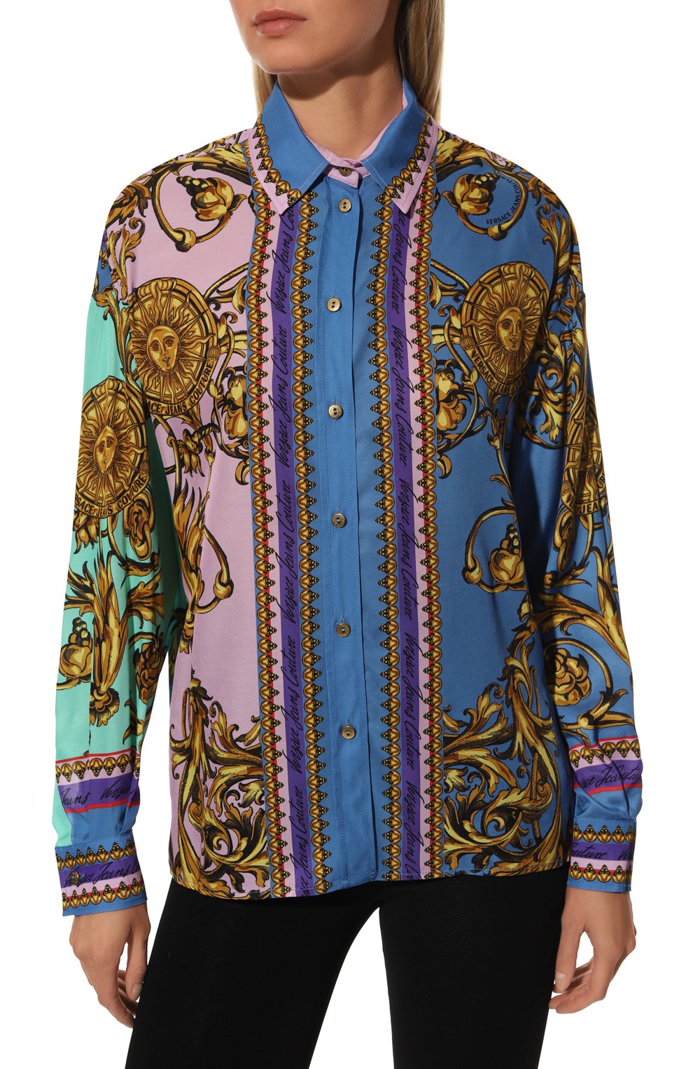 Рубашка из вискозы VERSACE JEANS COUTURE разноцветного цвета по цене 64050 руб., арт. 72HAL2A1-72DP211 PLACED TWILL PANEL GARLAND MULTIC, фото 3 Рубашка из вискозы VERSACE JEANS COUTURE, арт. 72HAL2A1-72DP211 PLACED TWILL PANEL GARLAND MULTIC, фото 3